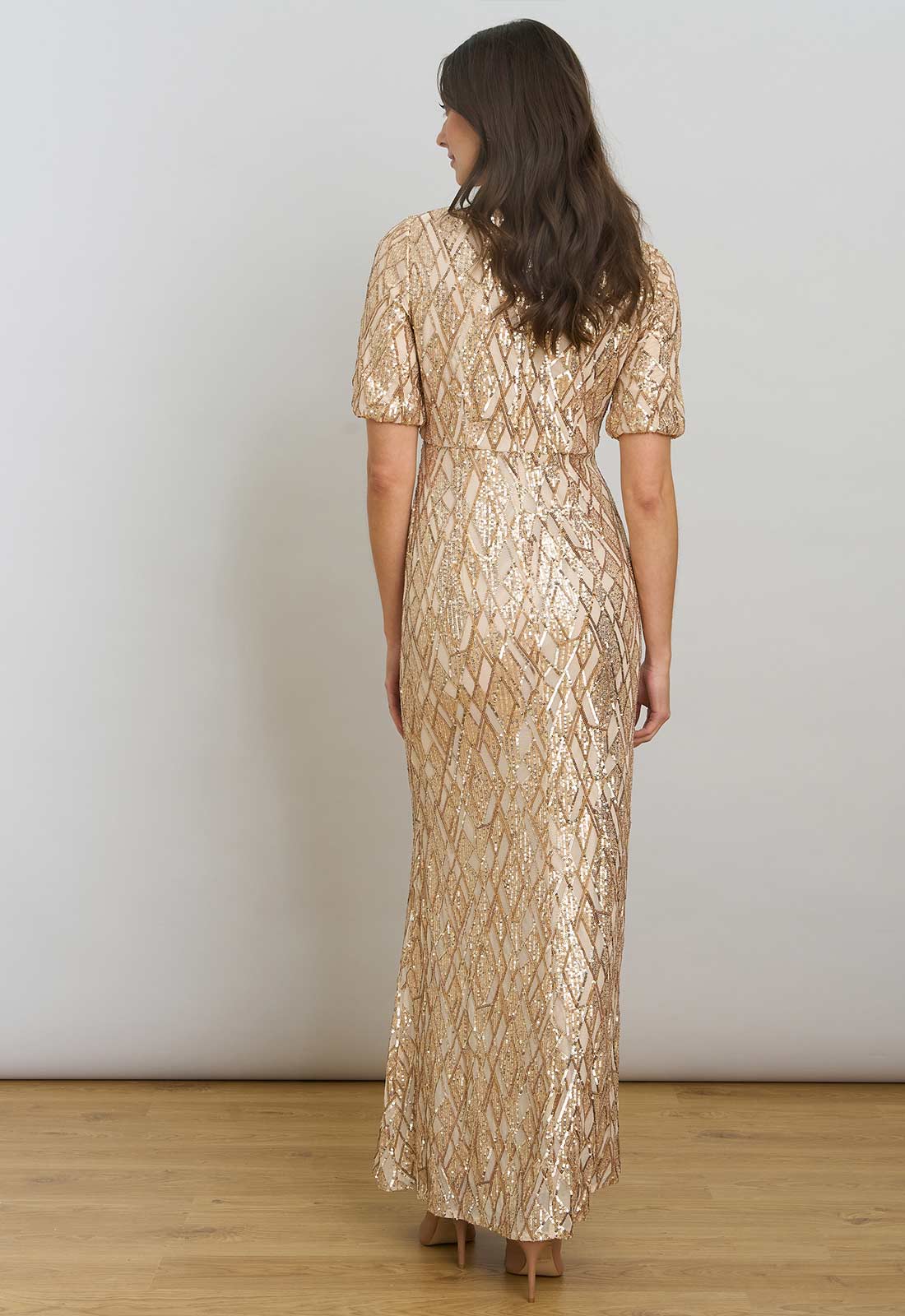Geometric Gina Bacconi Gold Pat Sequin Maxi Dress