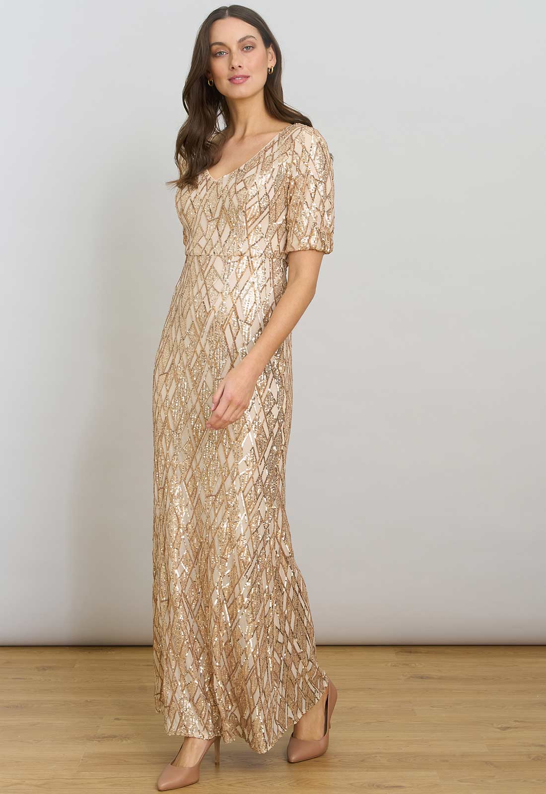 gold christmas party dress Gina Bacconi Pat Sequin Maxi COLOR:Chocolate Tweed / Boucle GLS Collective GS3506 Glitter it features a plunging