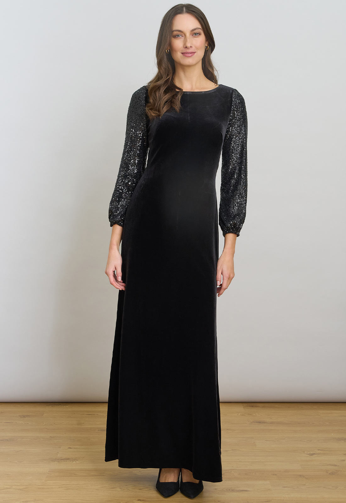 Gina Bacconi Black Pauline Velvet Maxi Dress With Sequin Sleeves