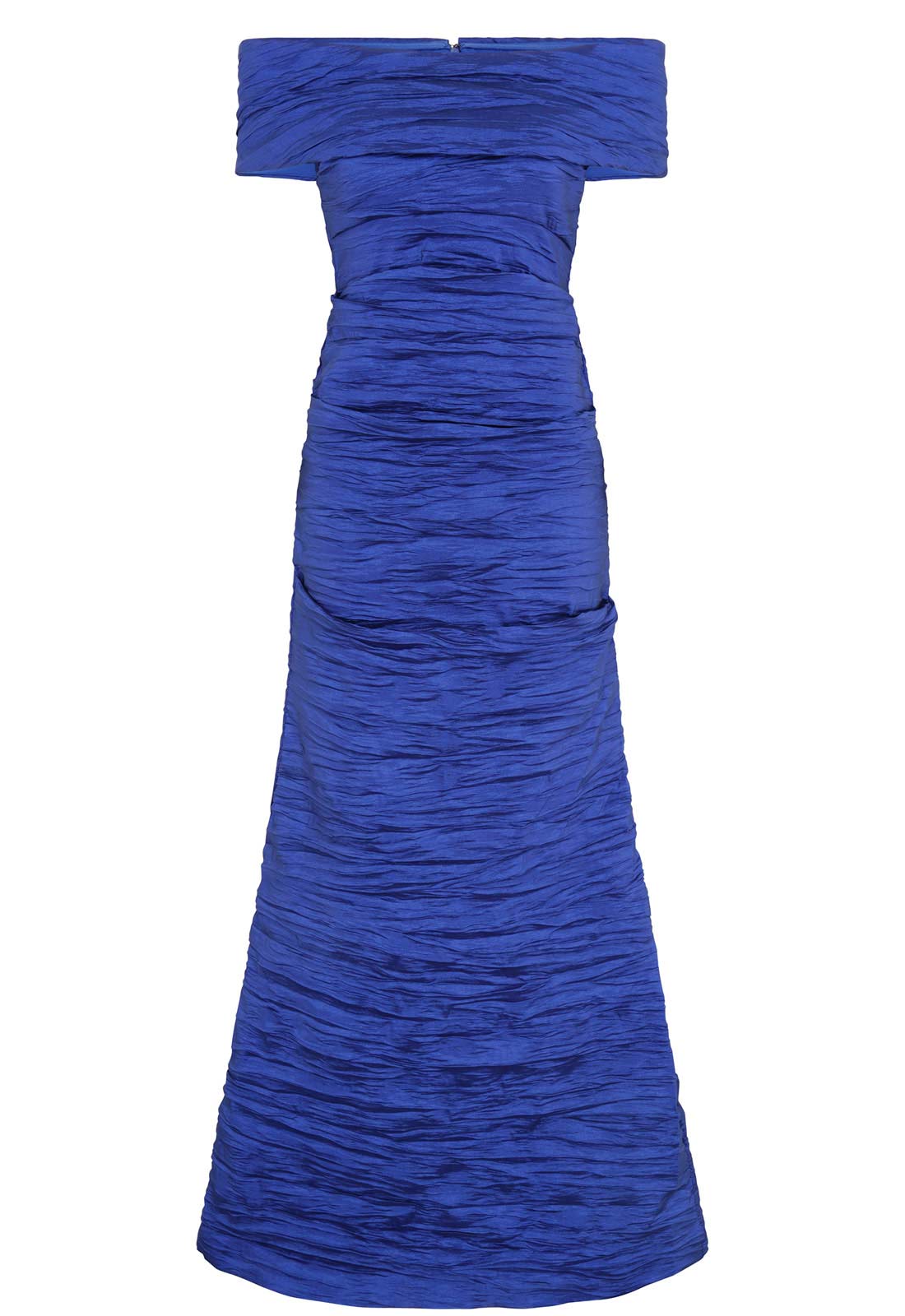 Blue off-shoulder dress on a white background