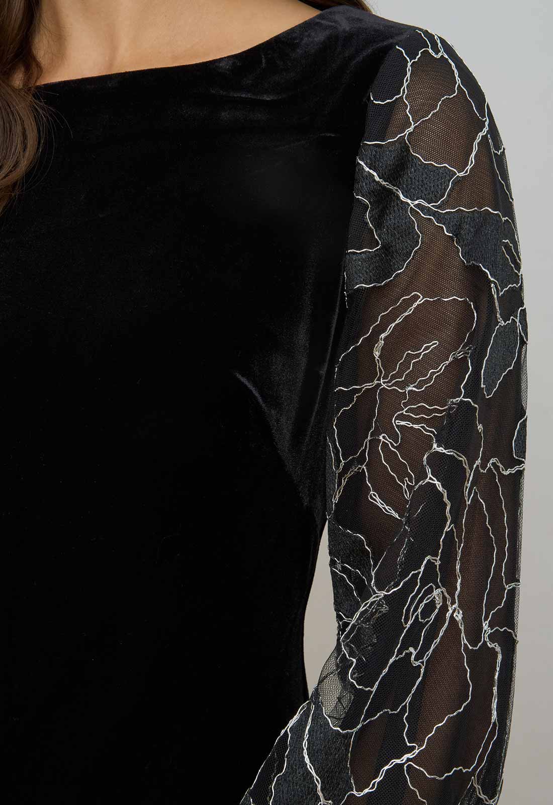 Gina Bacconi Black / Silver Sky Velvet Dress With Sheer Embroidered Sleeves