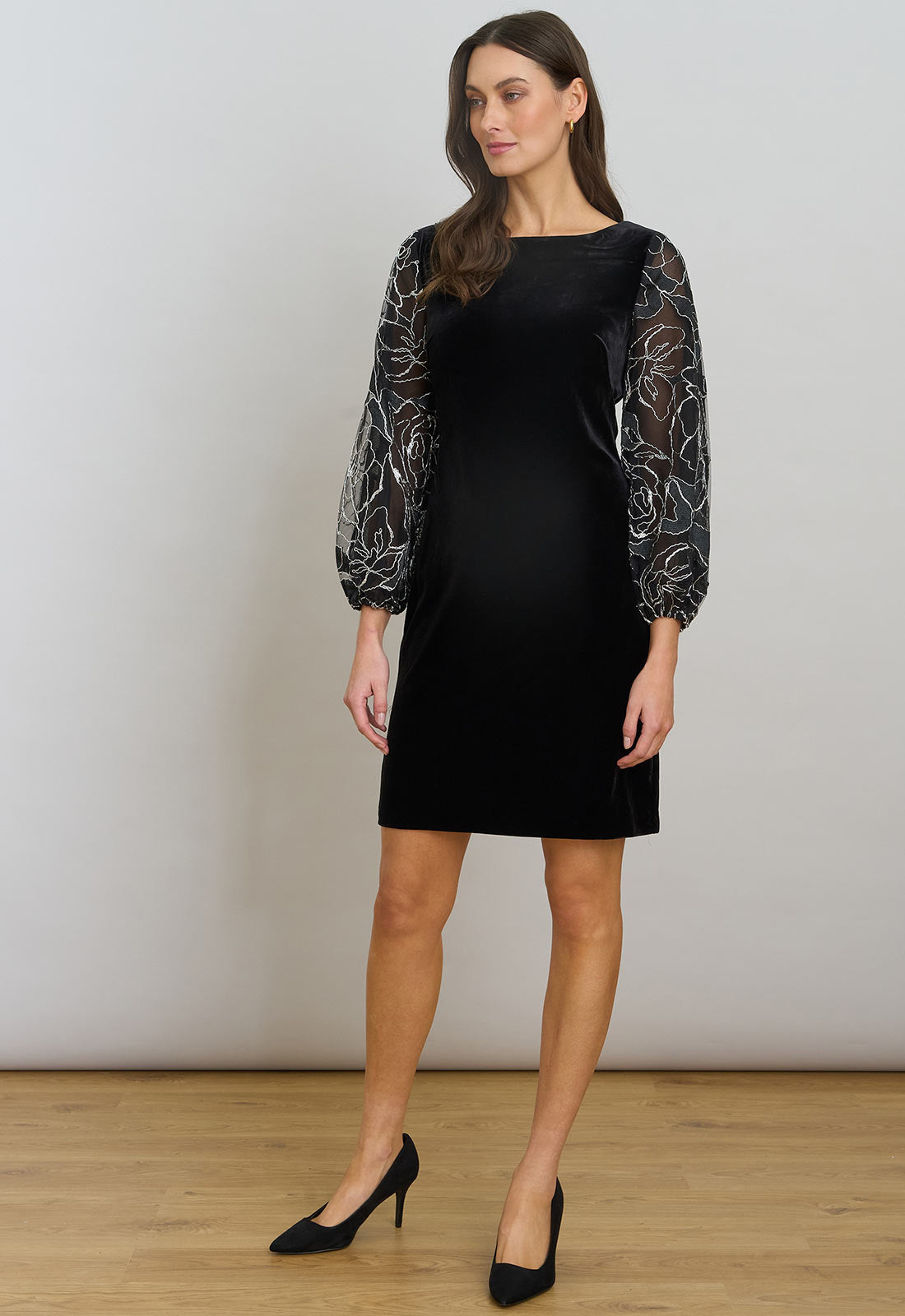 Gina Bacconi Black / Silver Sky Velvet Dress With Sheer Embroidered Sleeves