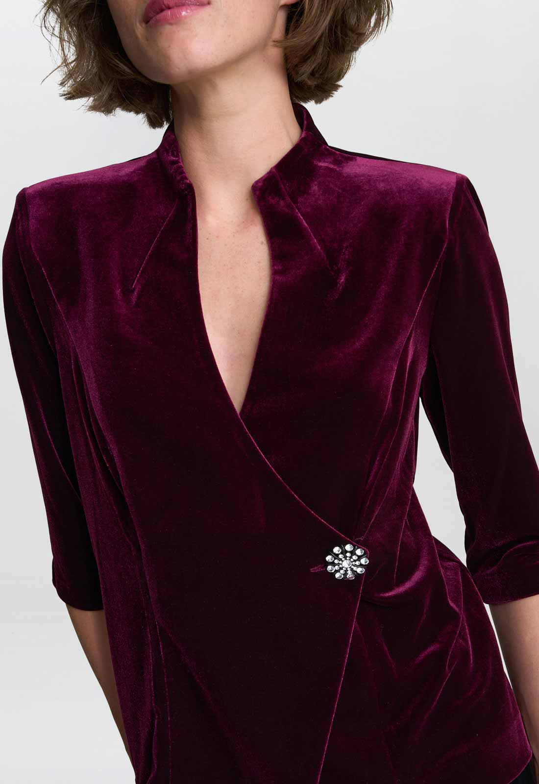 Gina Bacconi Wine Tayla Velvet Wrap Blouse