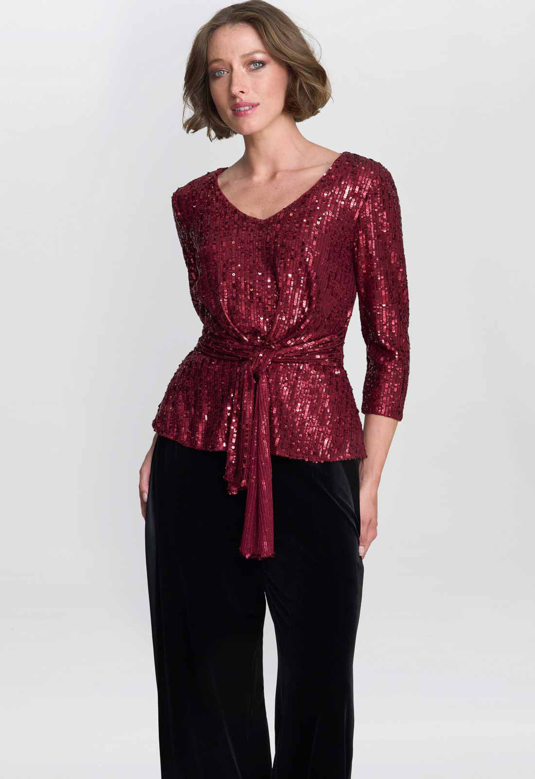 Gina Bacconi Wine Tessie Sequin Wrap Blouse