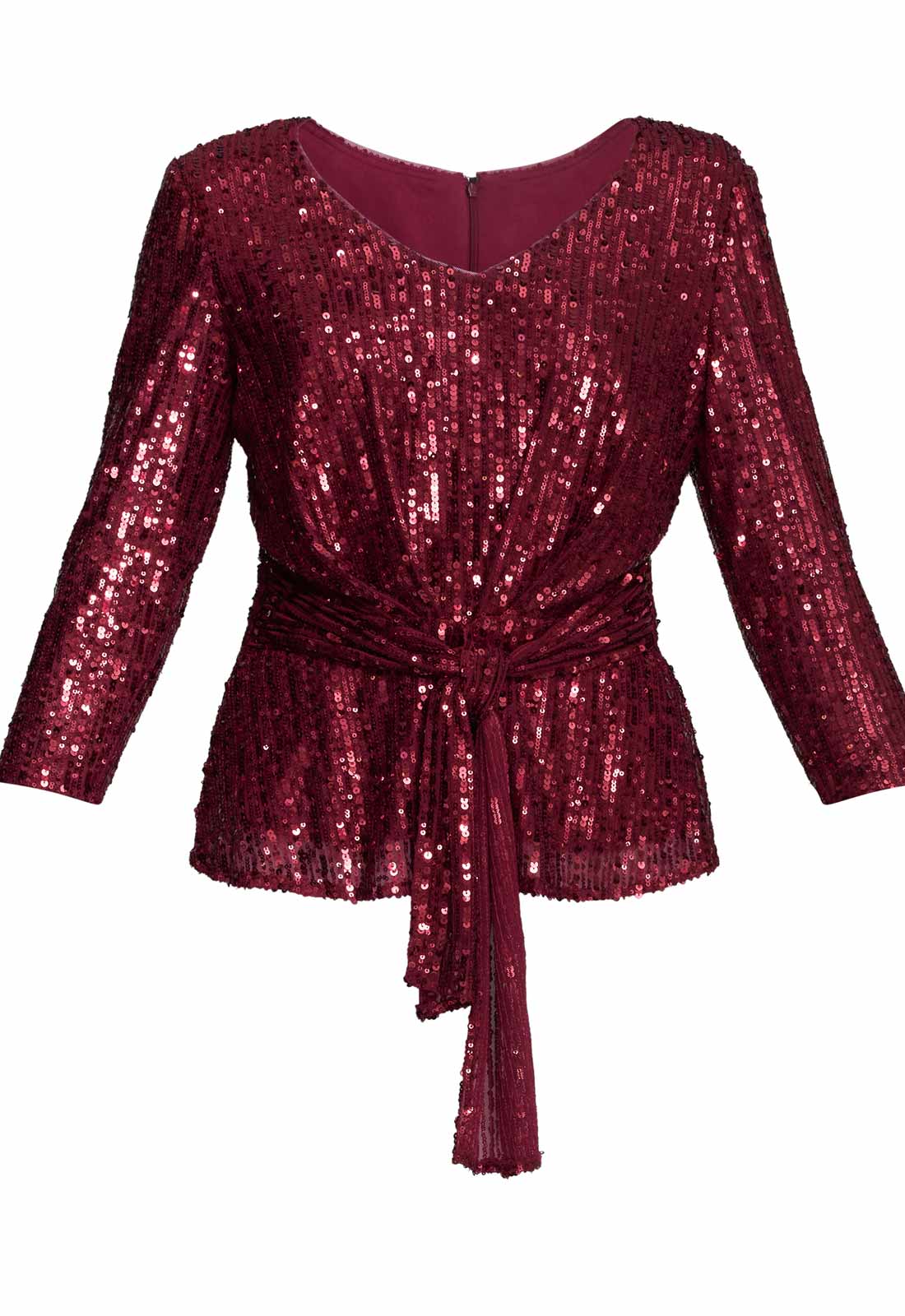 Gina Bacconi Wine Tessie Sequin Wrap Blouse