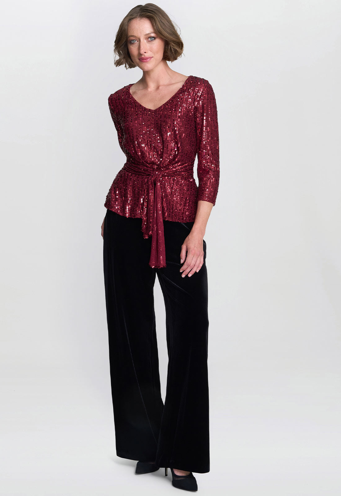 Gina Bacconi Wine Tessie Sequin Wrap Blouse