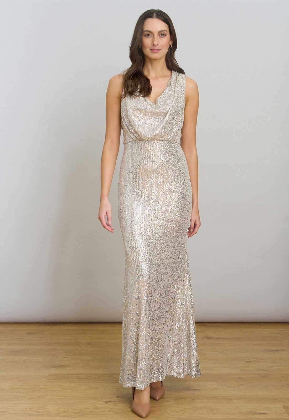 Gina Bacconi Silver Terri Sequin Maxi Dress