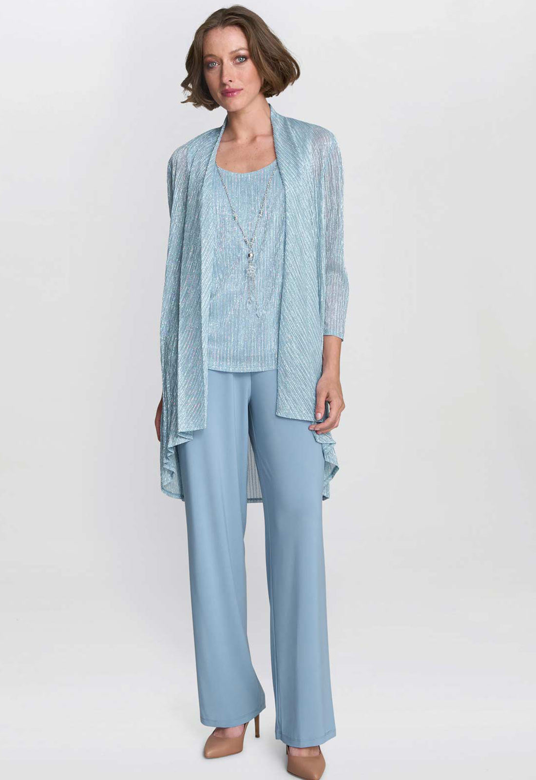Gina Bacconi Blue Tina Three Piece Metallic Crinkle Trouser Suit