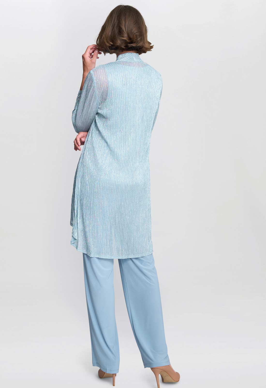 Gina Bacconi Blue Tina Three Piece Metallic Crinkle Trouser Suit