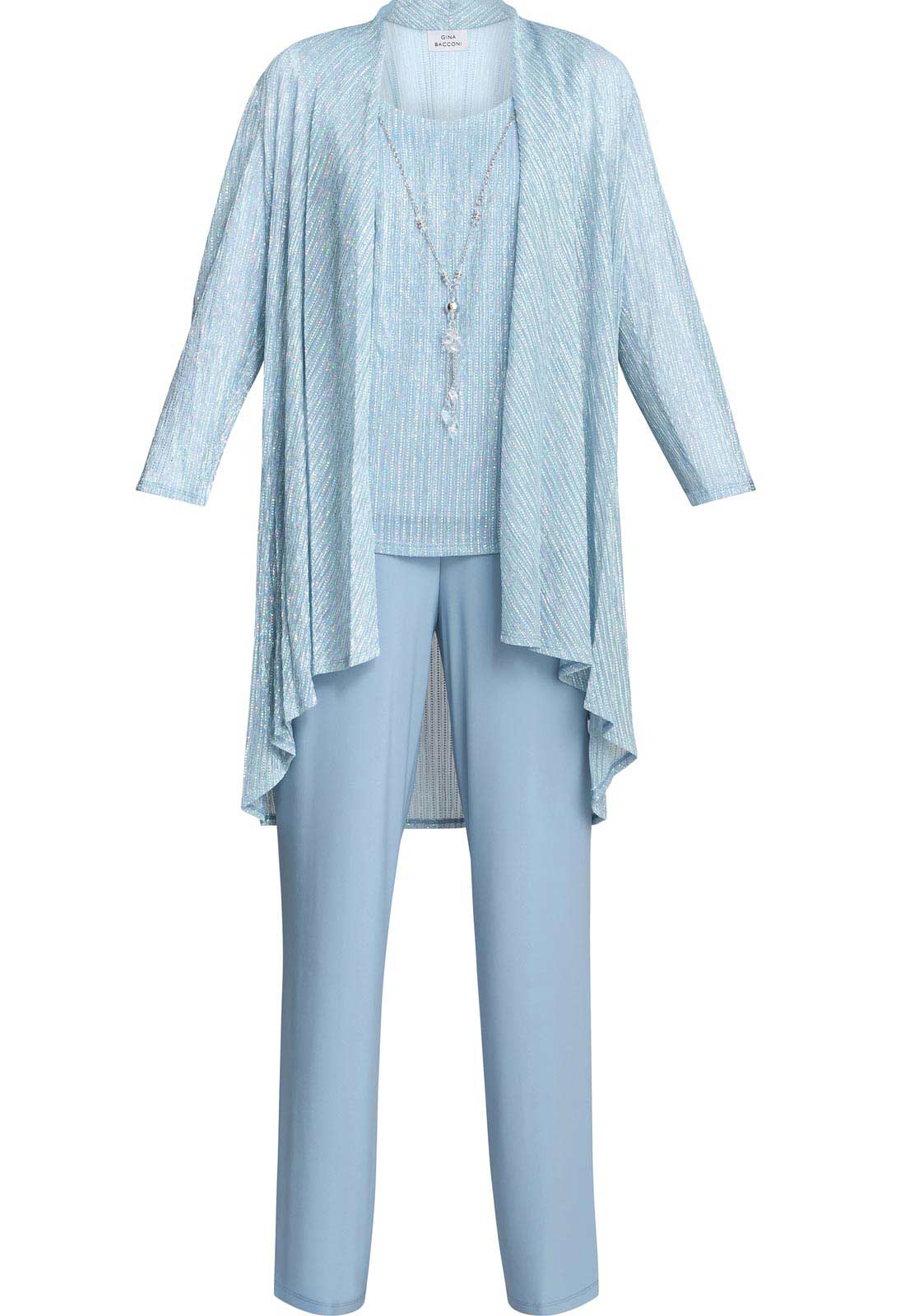 Gina Bacconi Blue Tina Three Piece Metallic Crinkle Trouser Suit
