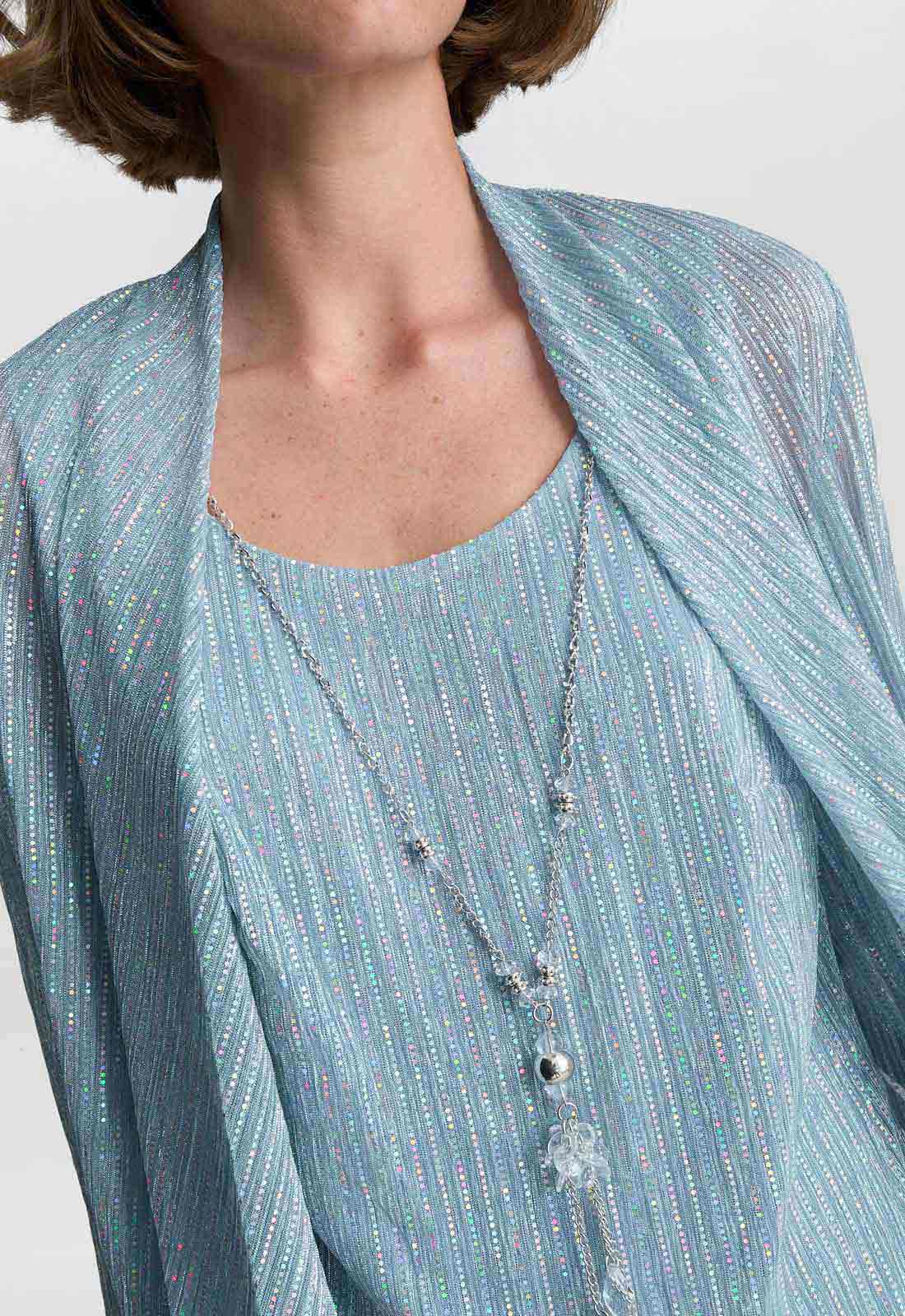 Gina Bacconi Blue Tina Three Piece Metallic Crinkle Trouser Suit