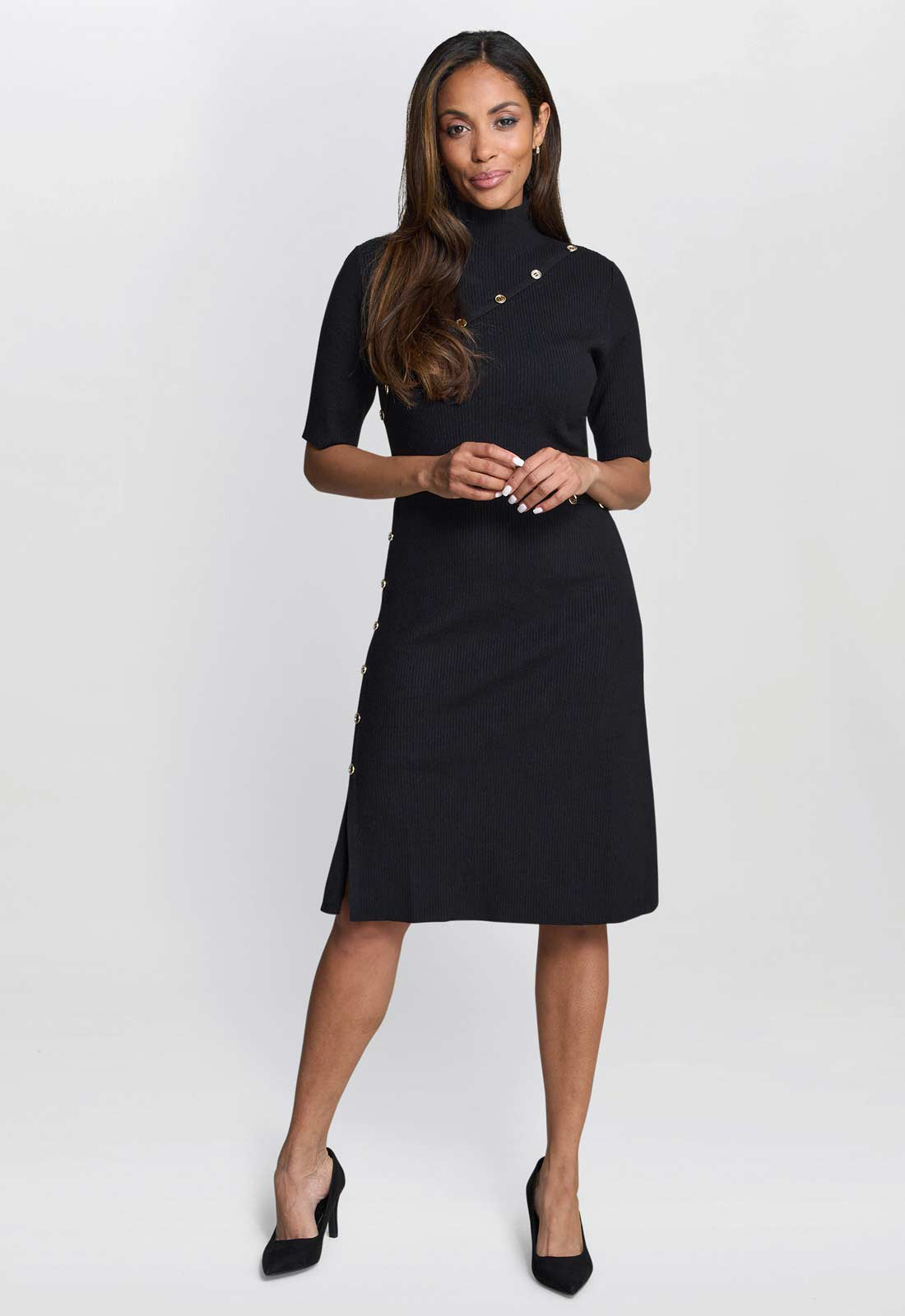 Gina Bacconi Black / Gold Vickie Button Detail Knit Dress