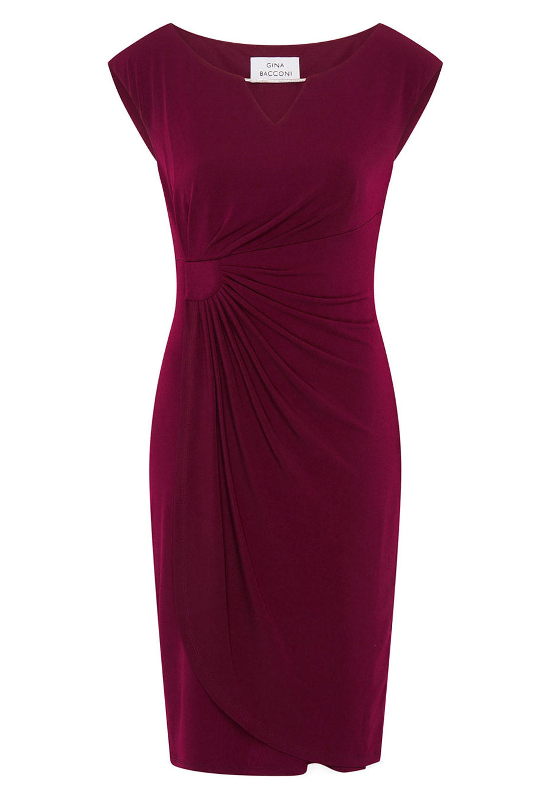 Maroon dress with a draped design on a white background
