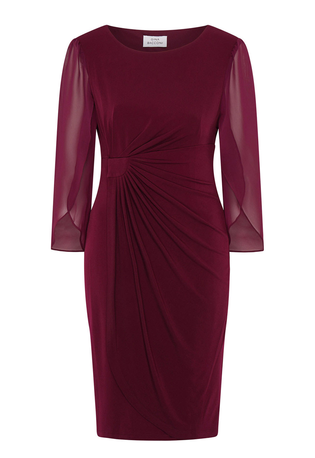 Burgundy dress with sheer sleeves on a white background