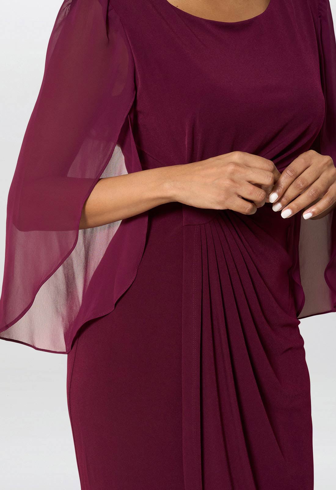 Mauve dress with sheer sleeves on a white background