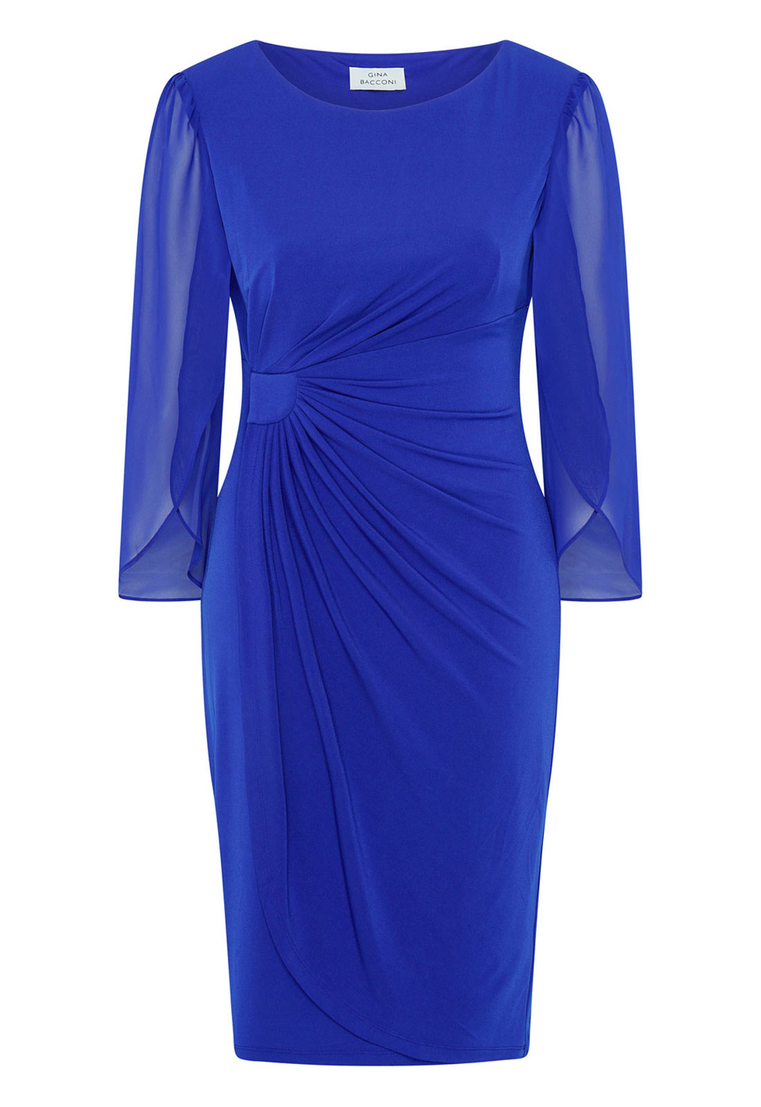 Blue dress with sheer sleeves on a white background