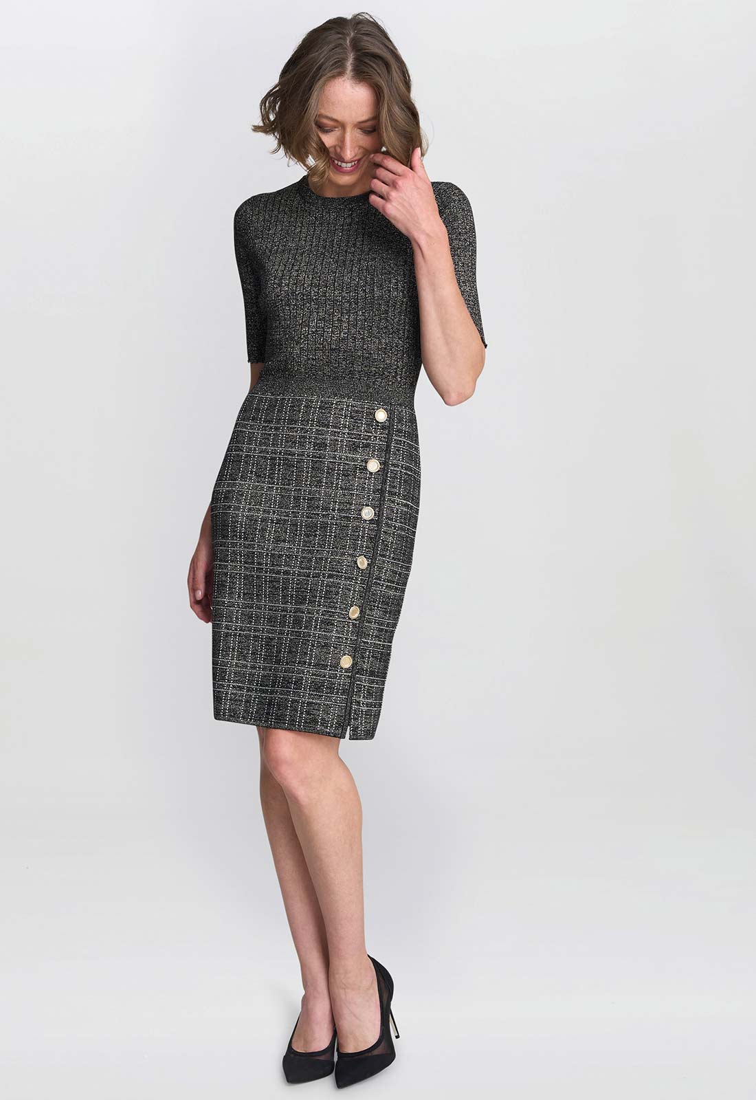 Gina Bacconi Black / Gold Antonella Button Detail Knit Dress 5