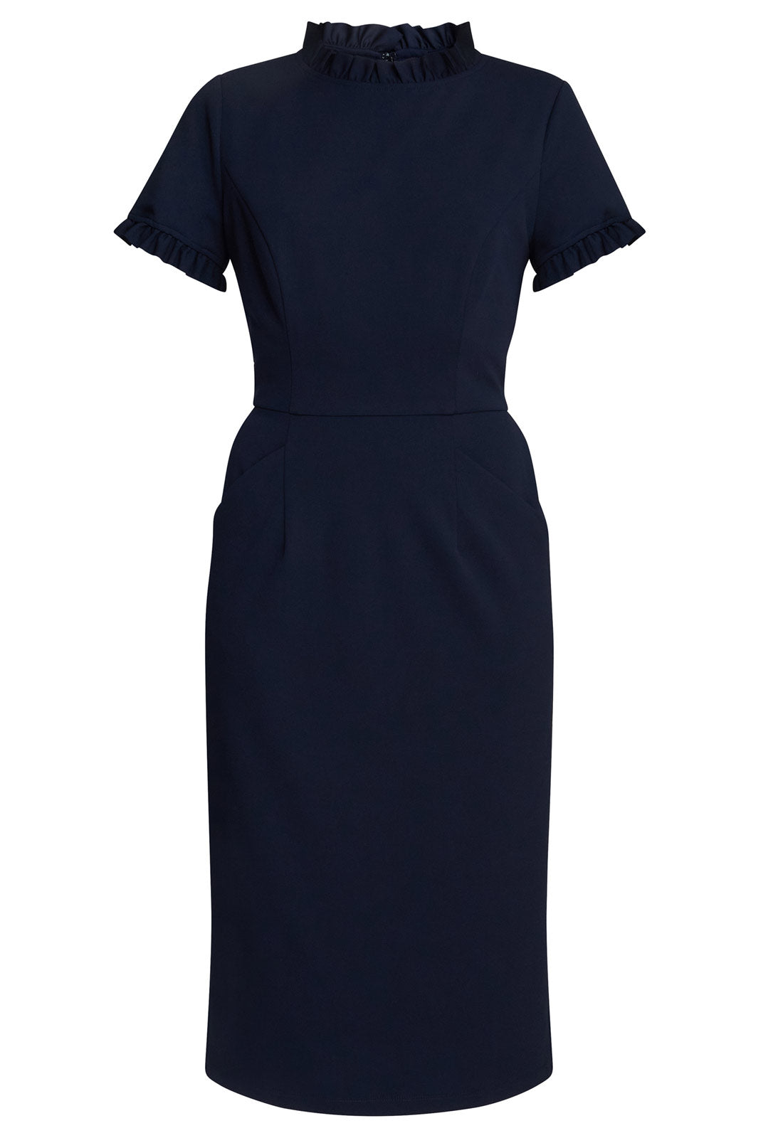 Navy blue dress with ruffled collar on a white background