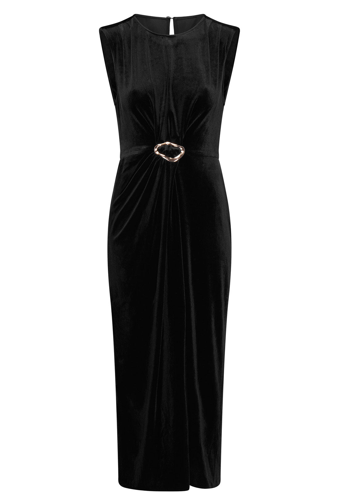 Black sleeveless dress with a belt on a white background