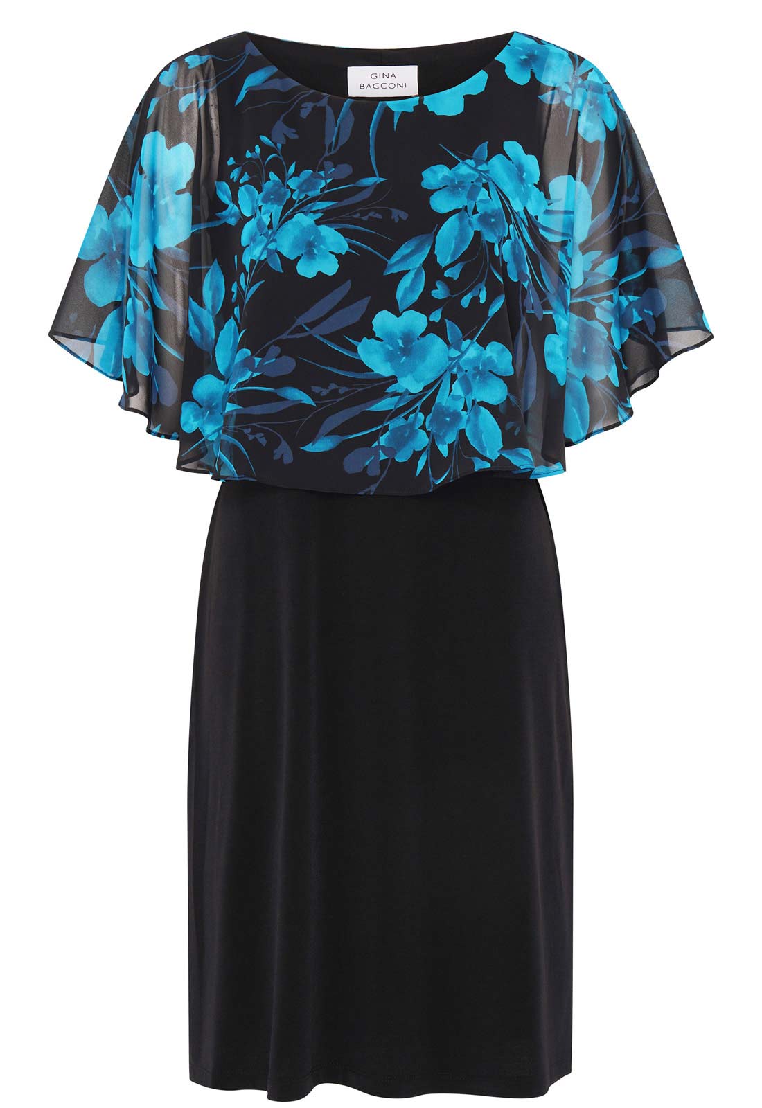 Black dress with blue floral cape on a white background