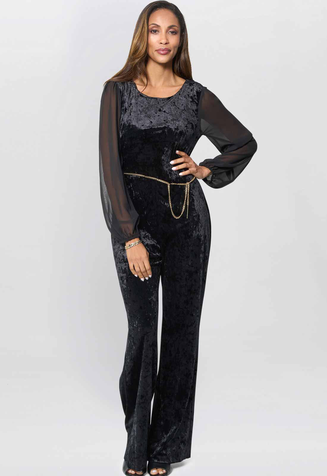 Gina Bacconi Black Alaska Velvet Jumpsuit With Sheer Sleeves