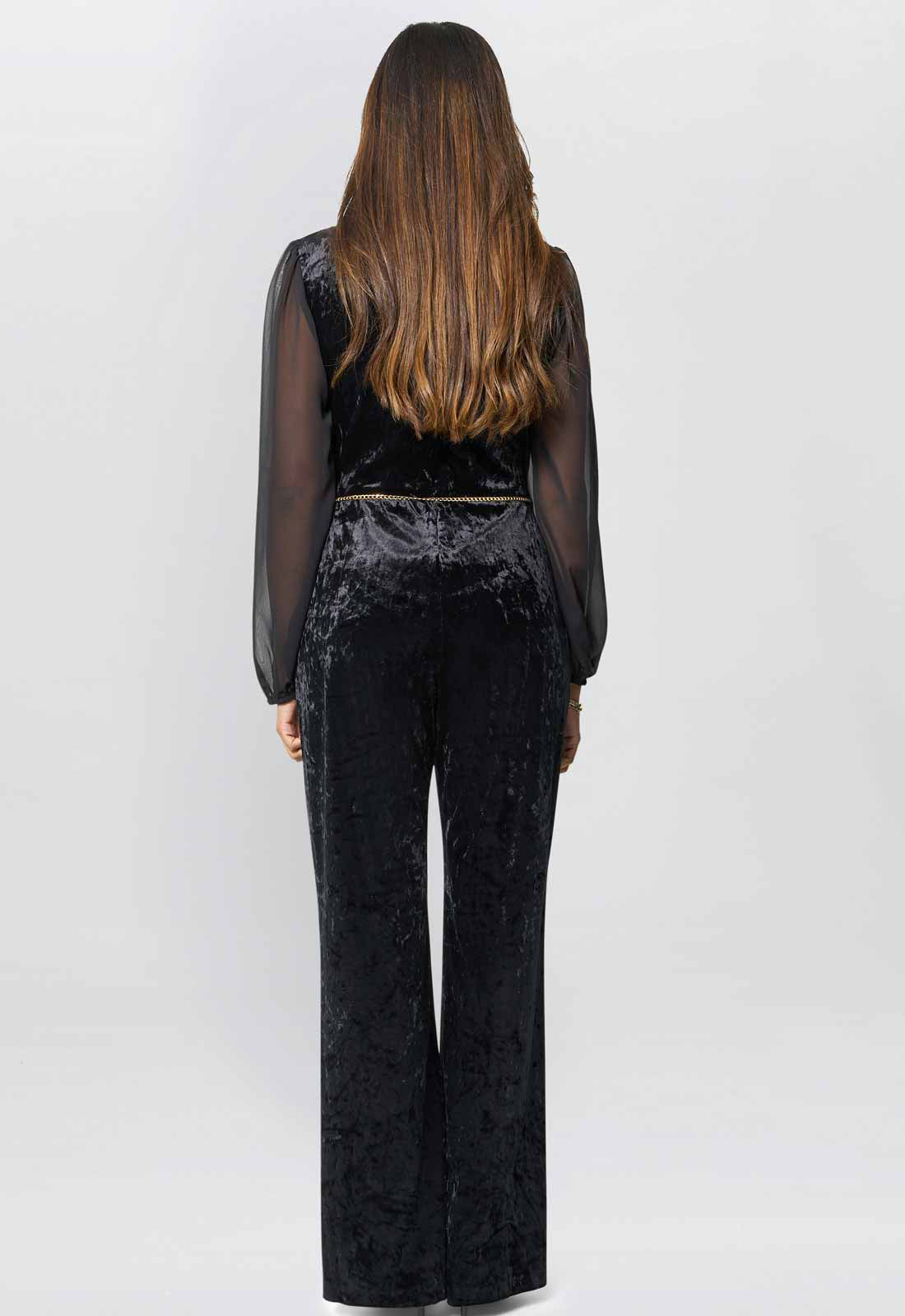 Gina Bacconi Black Alaska Velvet Jumpsuit With Sheer Sleeves