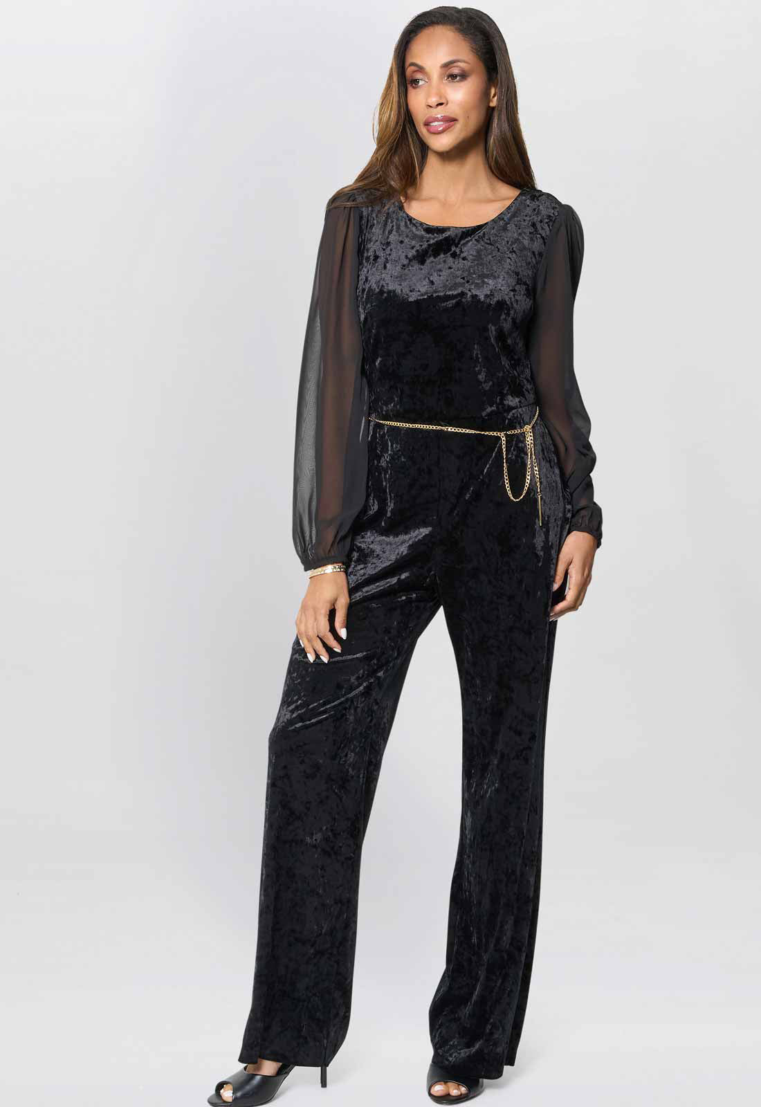 Gina Bacconi Black Alaska Velvet Jumpsuit With Sheer Sleeves