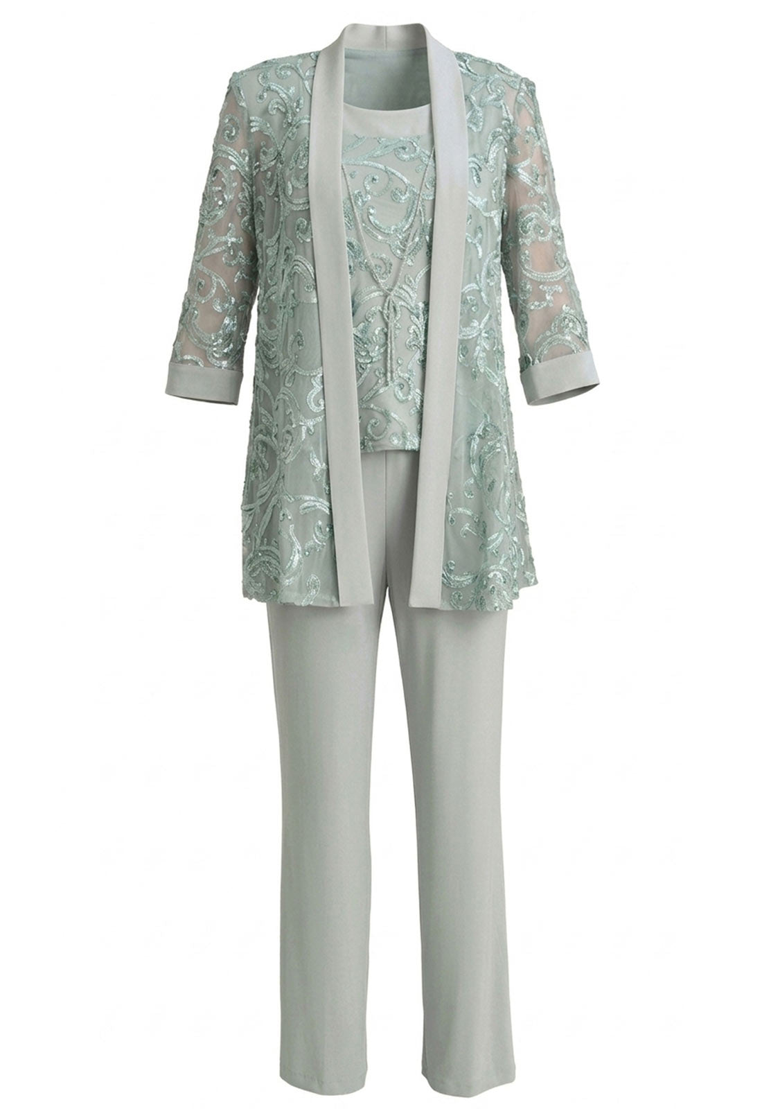 Light green lace jacket with matching pants on a white background