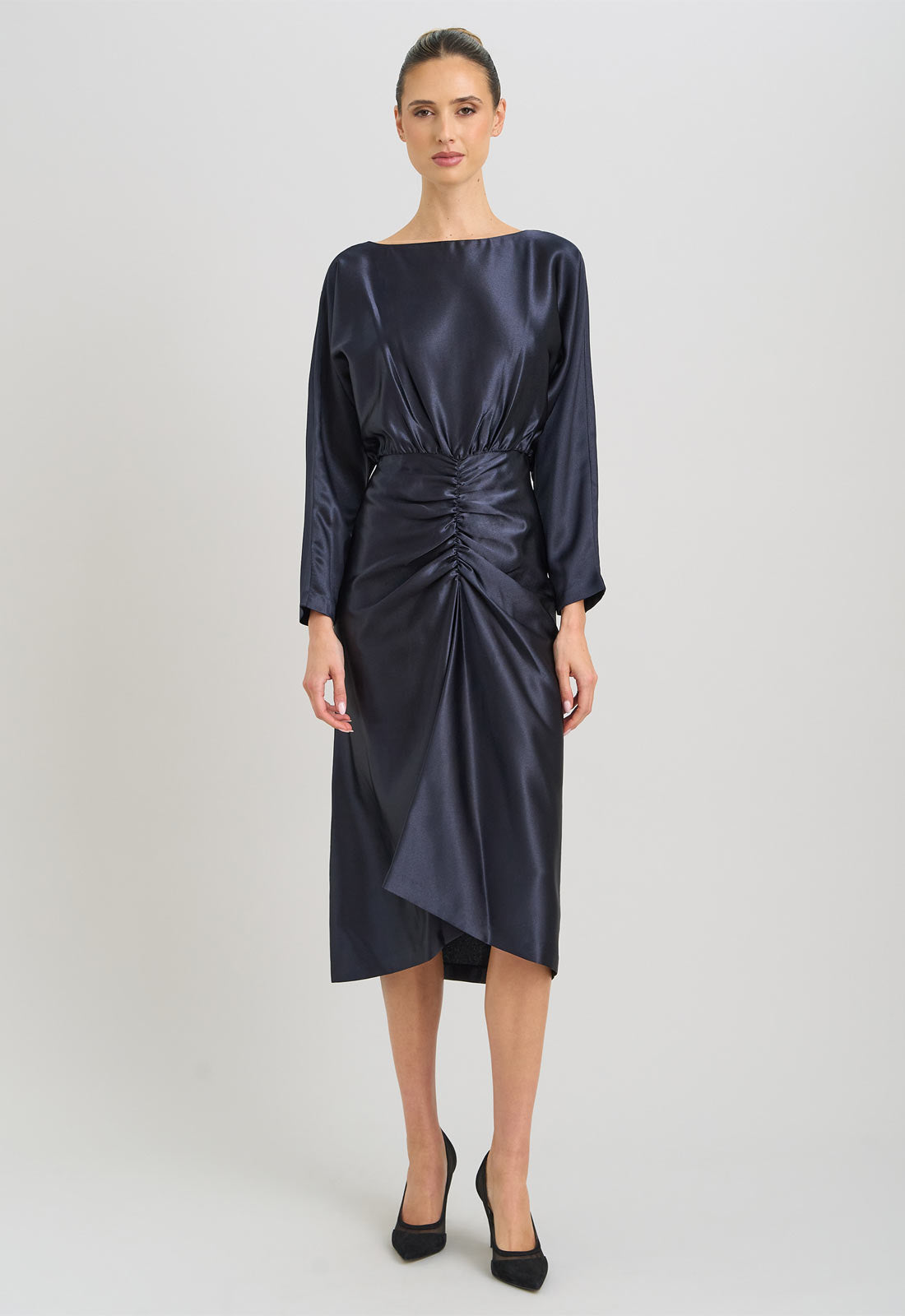 navy satin evening dress