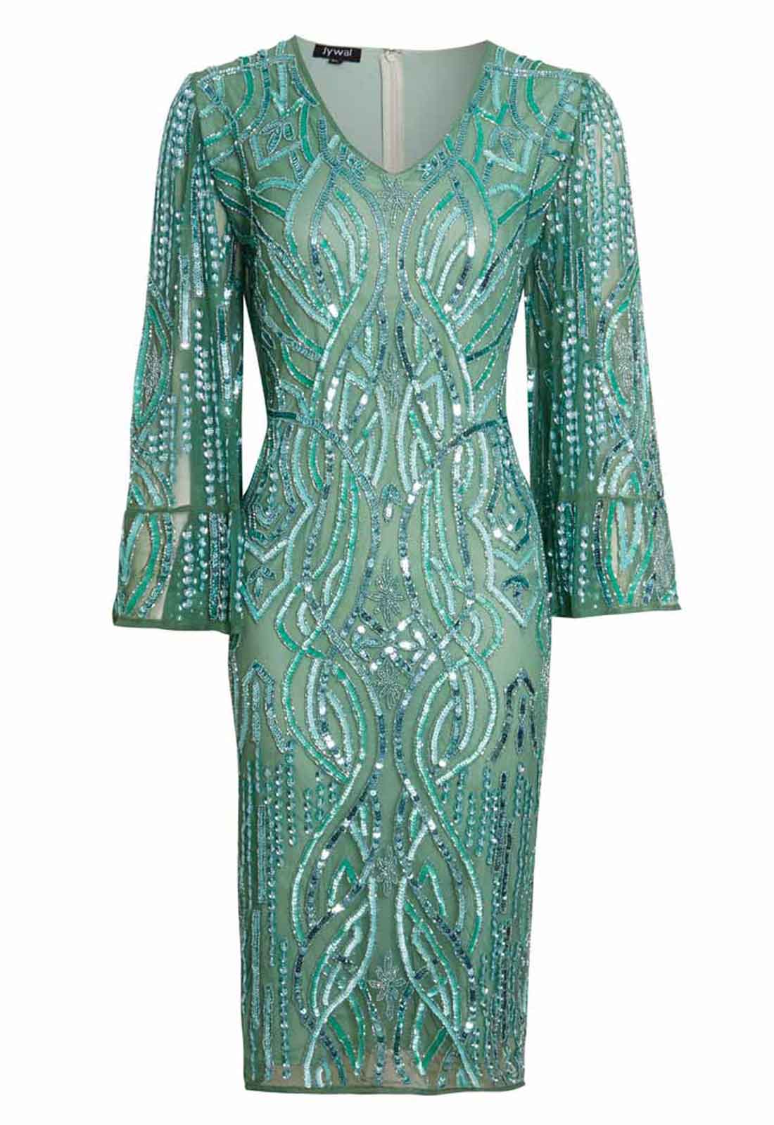 Green sequin dress with long sleeves on a white background