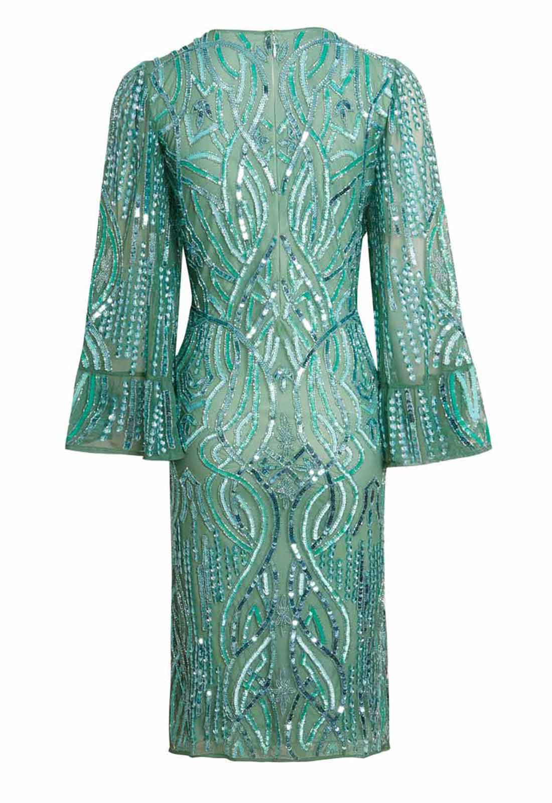 Green beaded dress with long sleeves on a white background