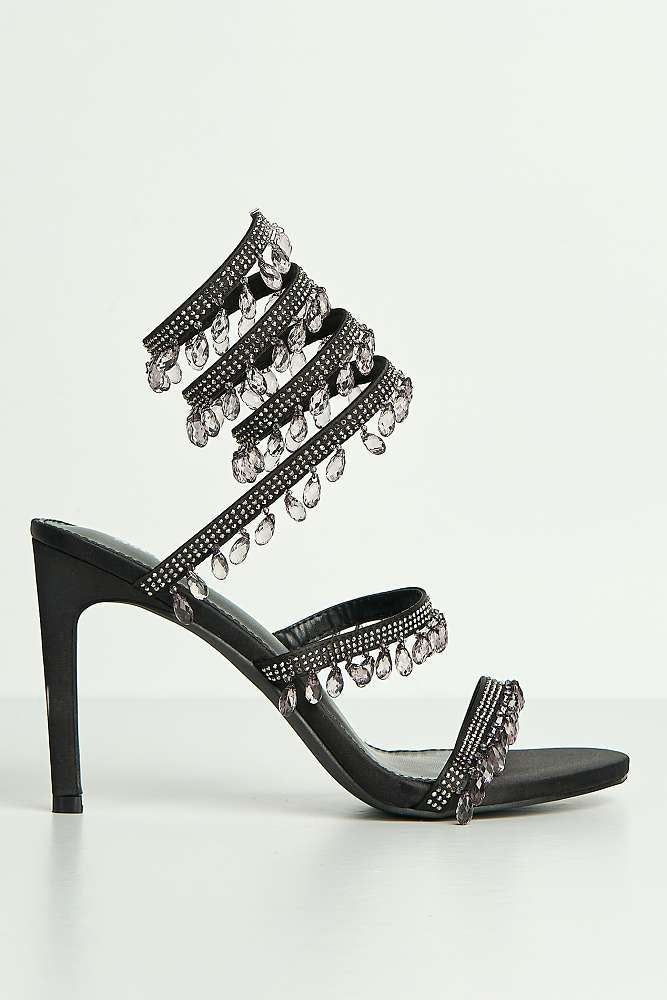 Annette Diamante & Crystal Droplets Embellished Heeled Sandals in Black