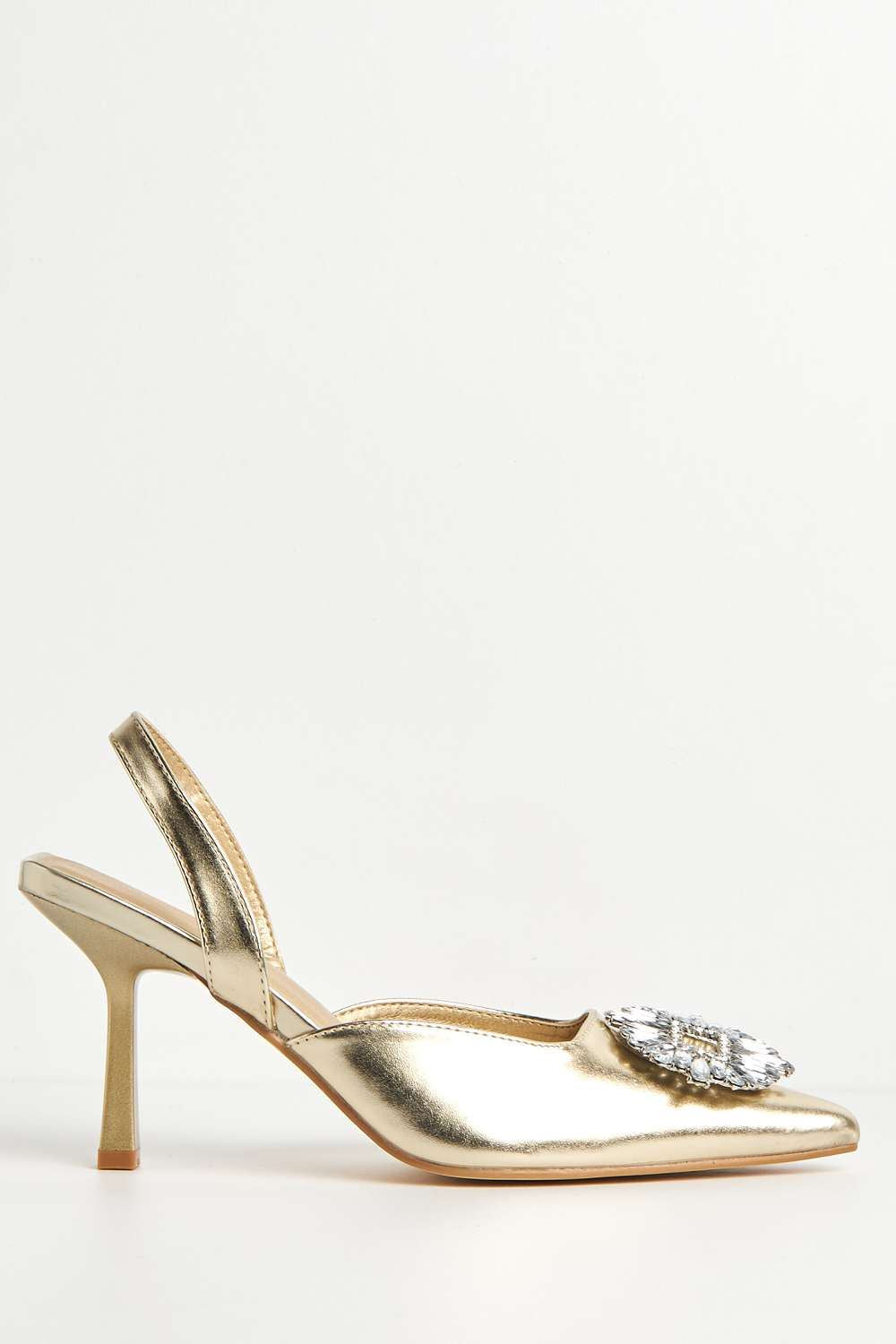 Miss Diva Gold Amira Diamante Brooch Sling Back Court Shoes