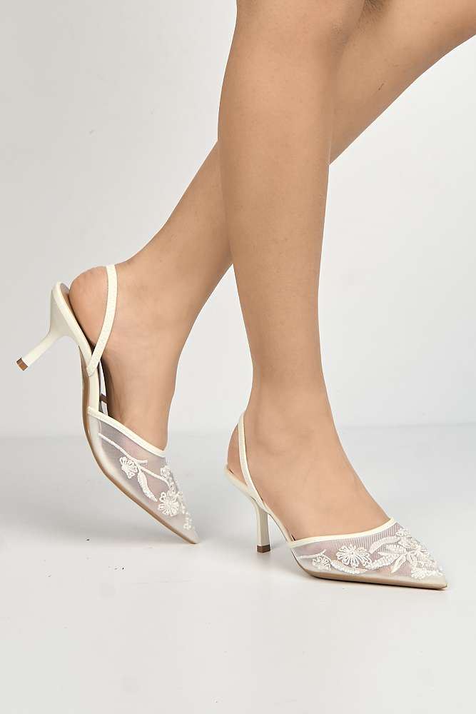 Miss Diva Romina Bead Embellished Mesh Slingback Court Shoes in White