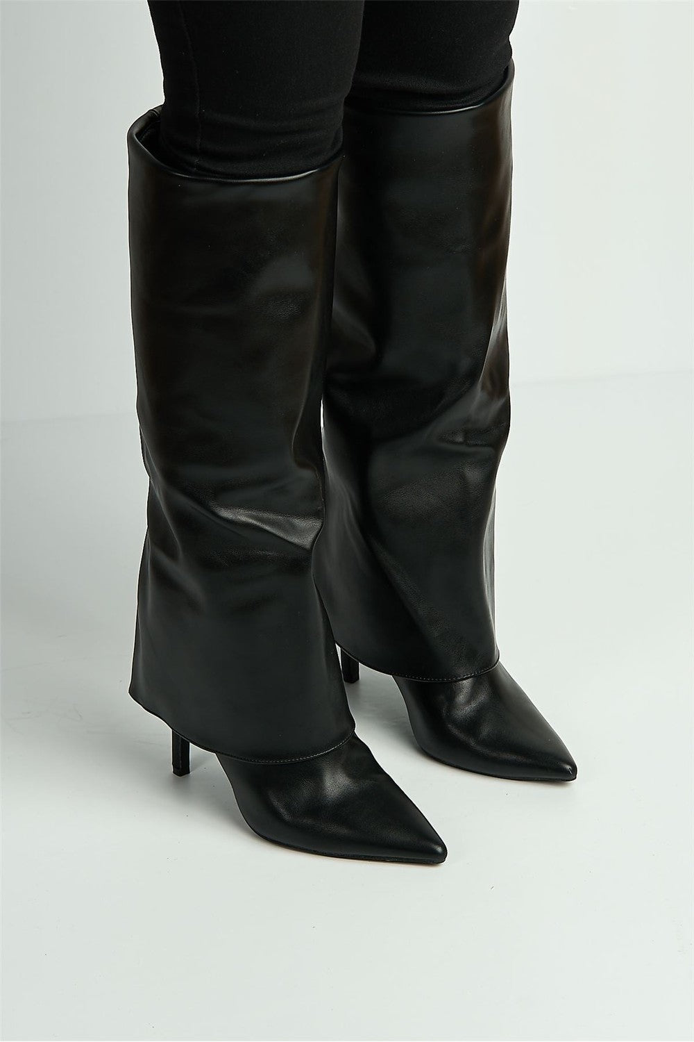 Beckett Pointed Toe Fold Over Stiletto Knee High Boots in Black