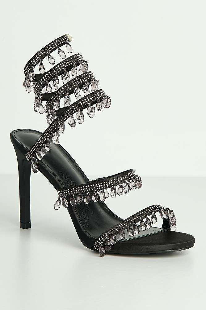 Annette Diamante & Crystal Droplets Embellished Heeled Sandals in Black