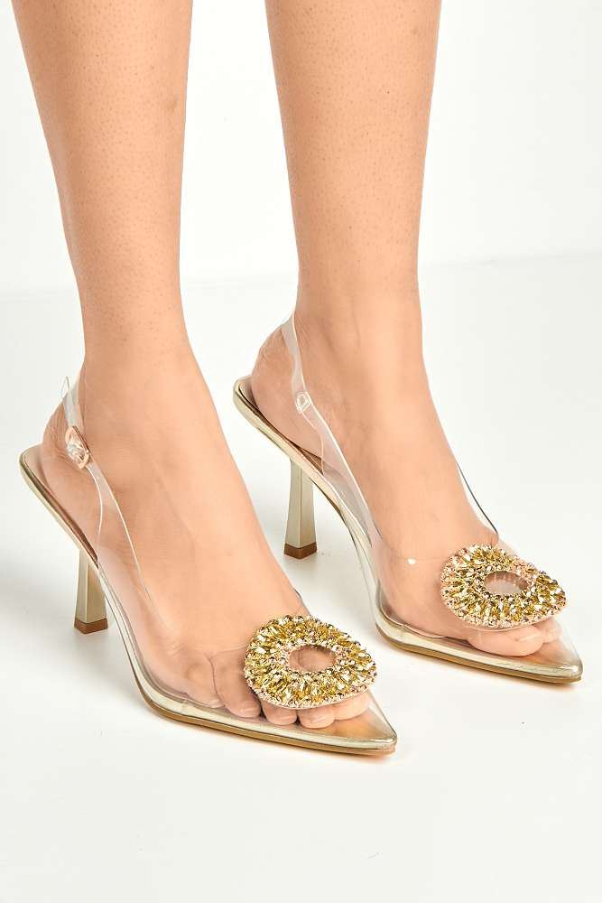 Miss Diva Gold Lolya Diamante Brooch Detail Perspex Court Shoe Heels