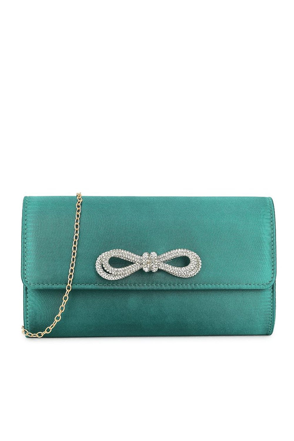 Avery Diamante Bow Detail Clutch Bag in Dark Green