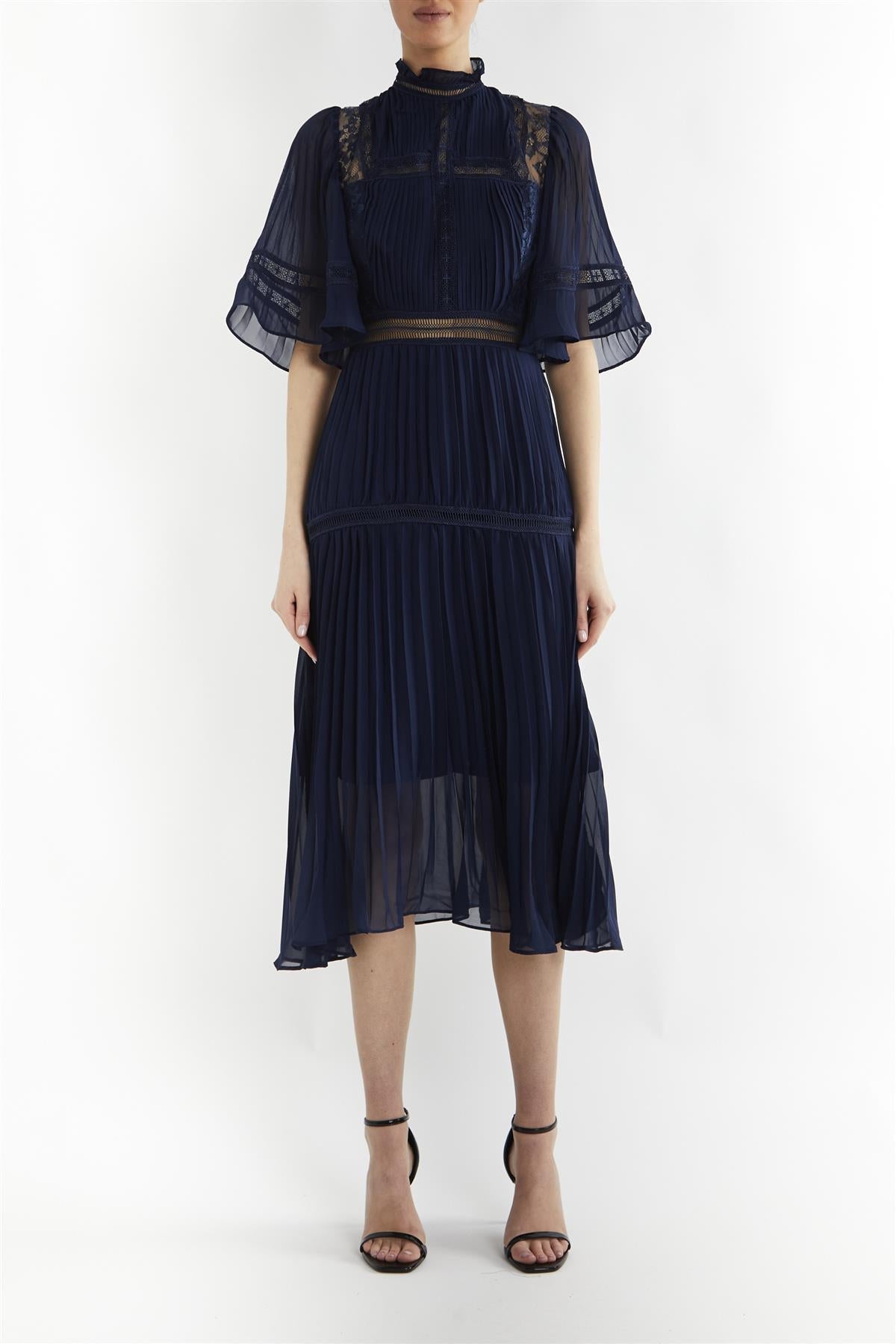 Ellie Navy Mixed Lace Pleated Midi Dress-image-1