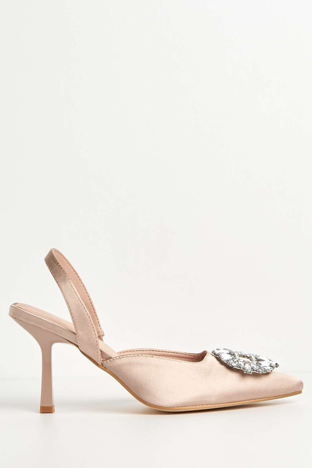 Miss Diva Amira Diamante Brooch Sling Back Court Shoes in Champagne Satin