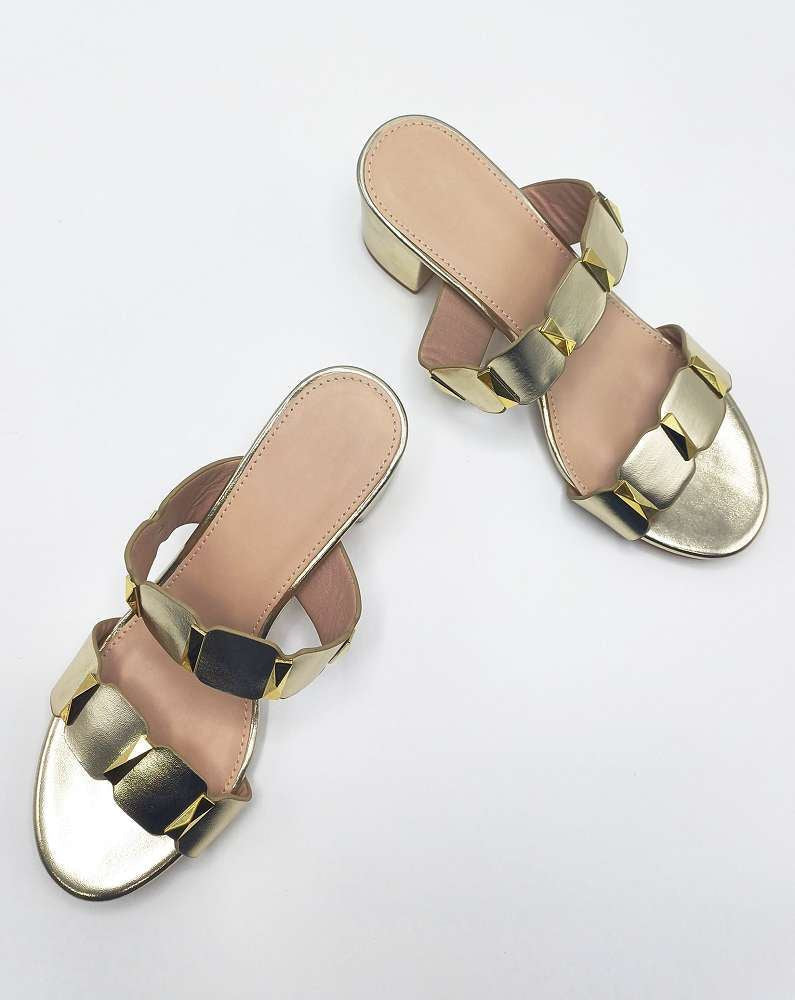 Miss Diva Gold Kolee Stud Detail Block Heel Mules