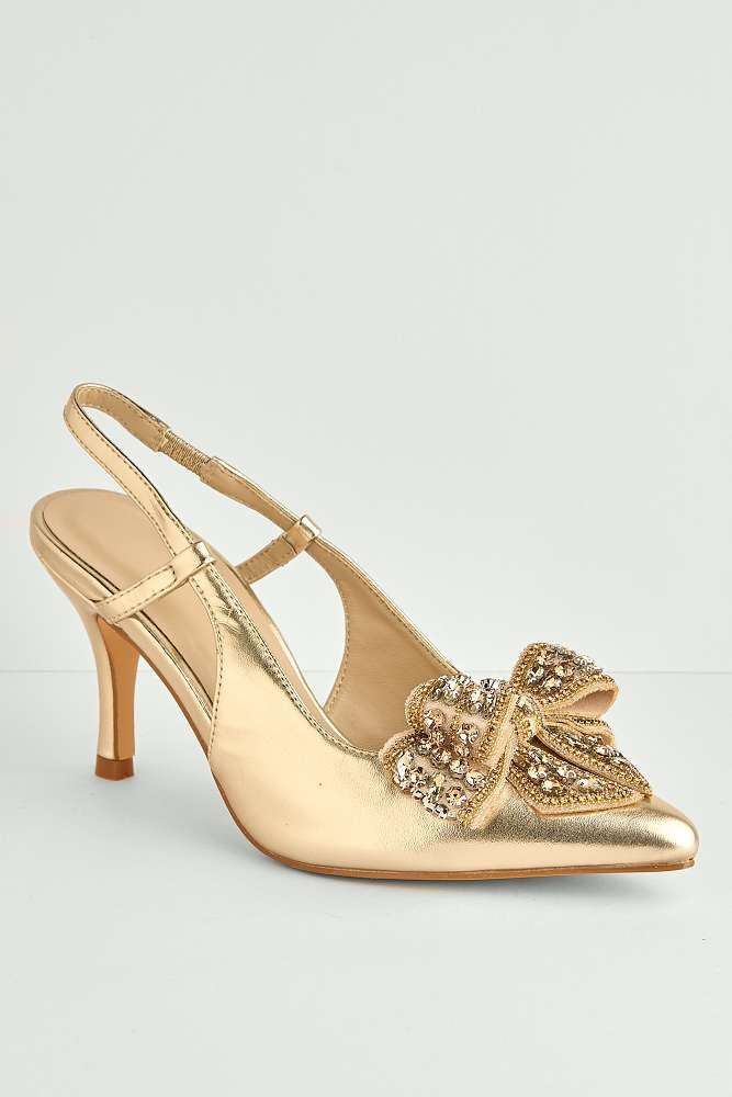 Celia Diamante Bow Pointed Toe Slingback Court Shoes in Gold