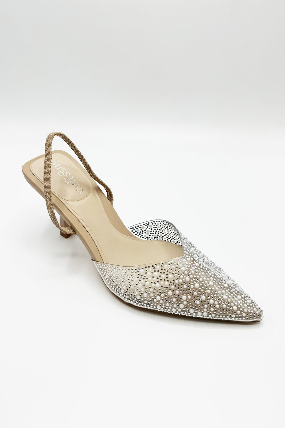 Miss Diva Kiana Diamante Embellished Sling Back Pointed Toe Court Shoes in Nude
