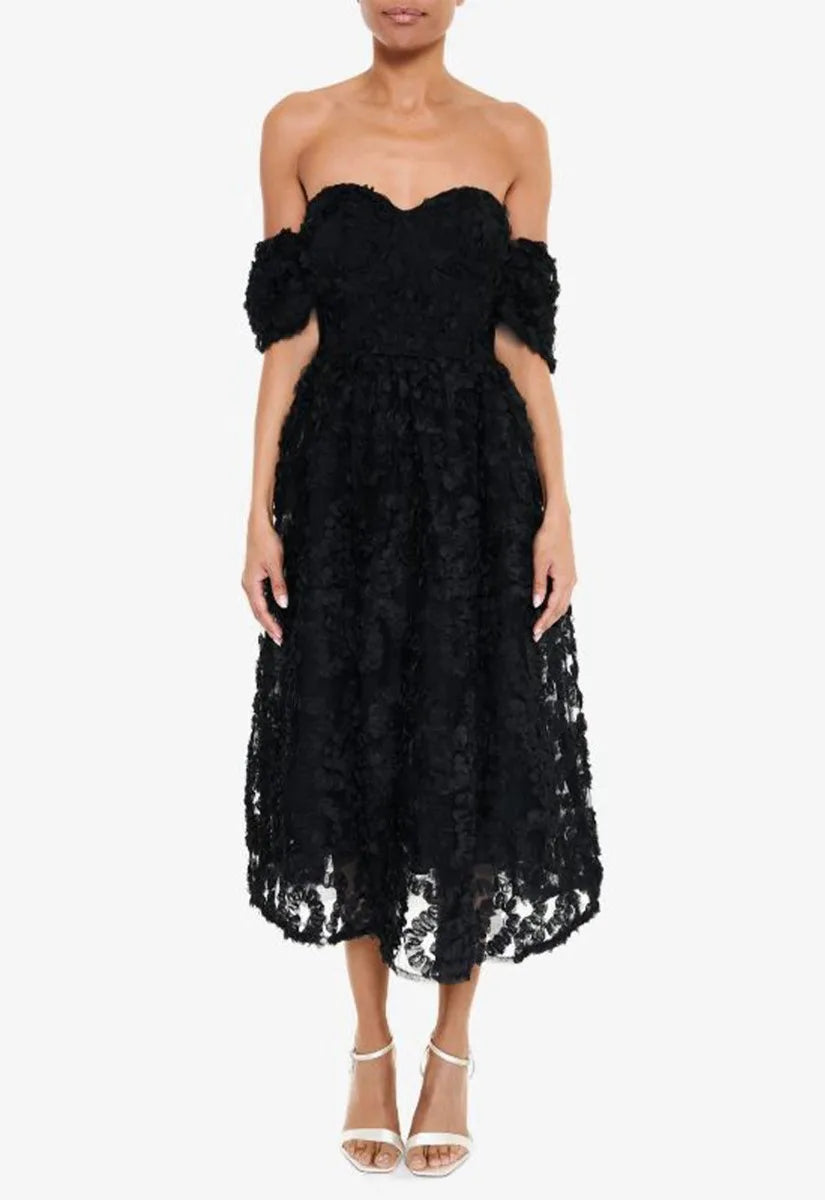 True Decadence Black 3D Floral Midi Dress