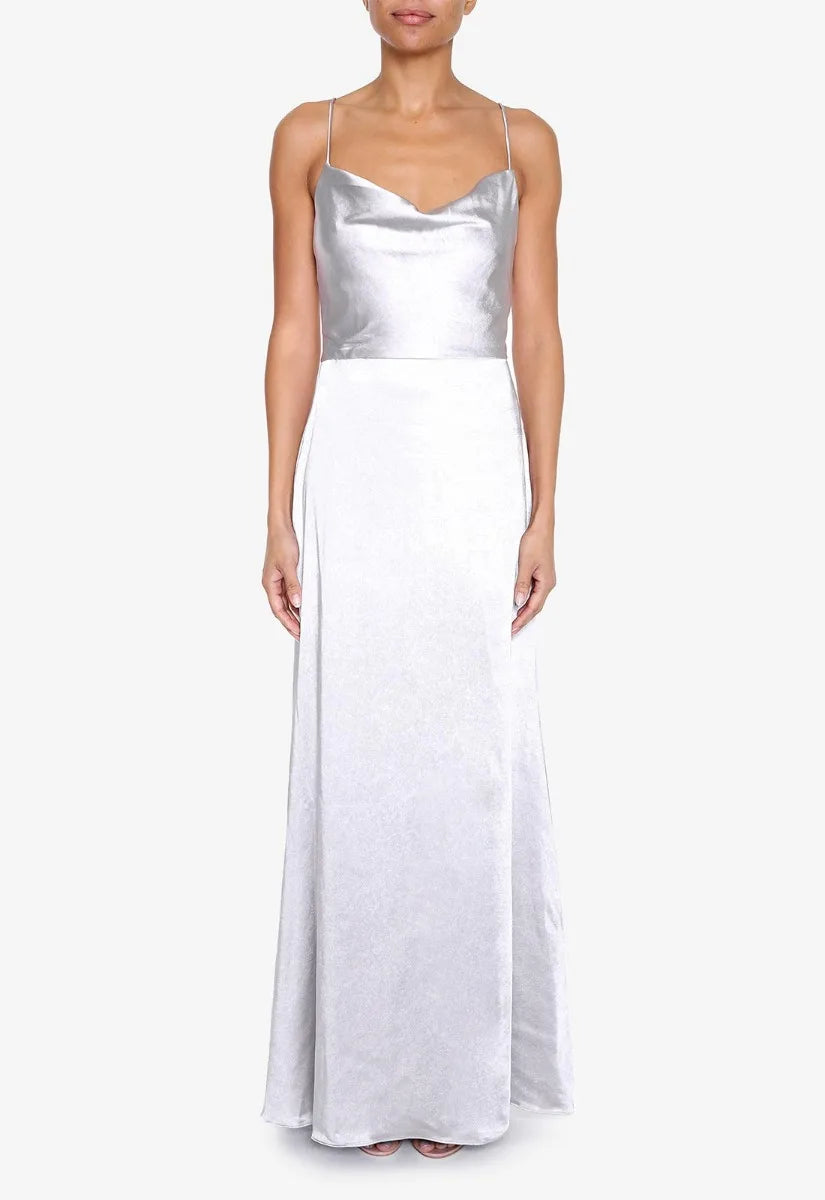 True Decadence Silver Satin Cowl Neck Maxi Dress
