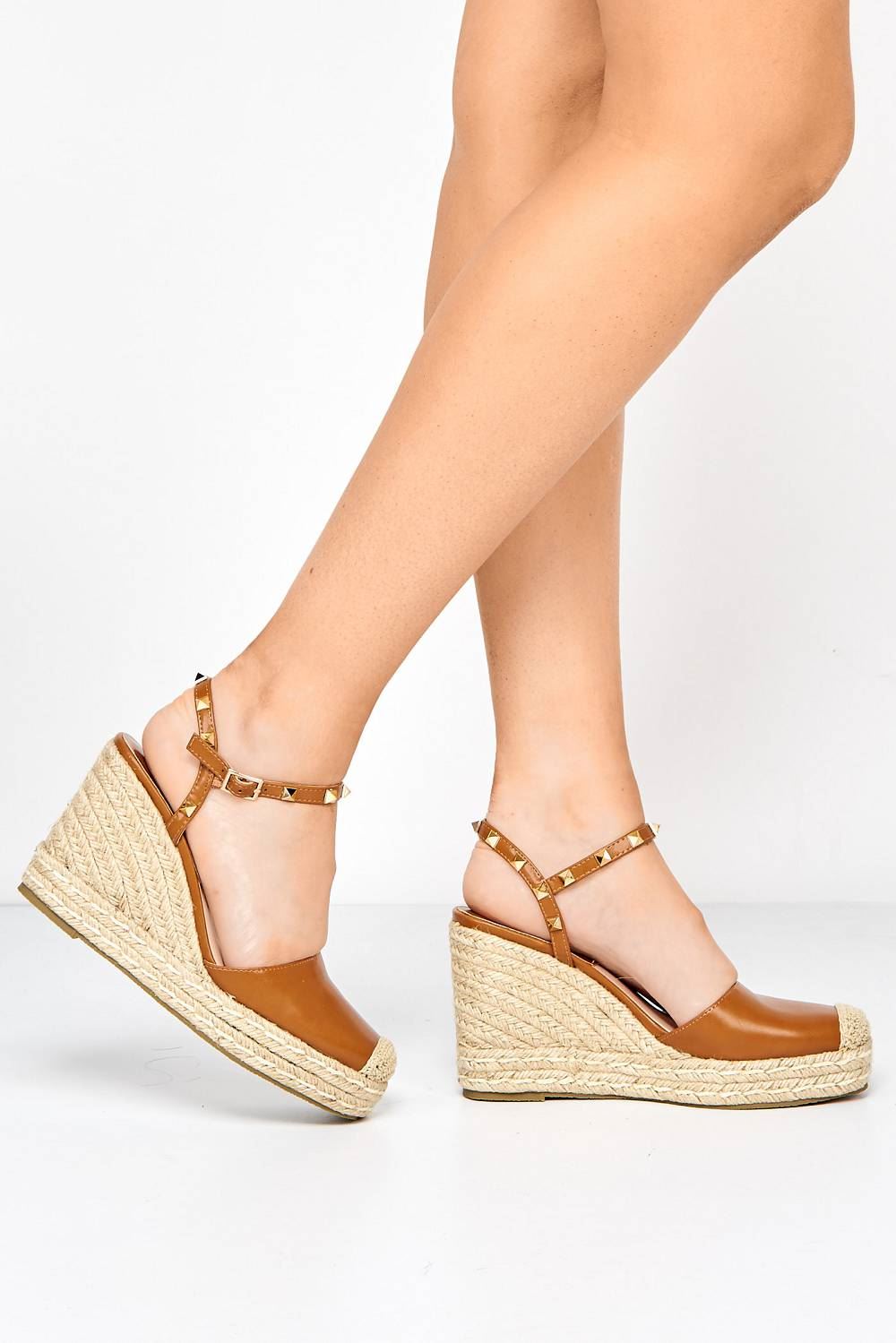 Alala Round Toe Studded Anklestrap Espadrille Wedge in Tan Heels Miss Diva