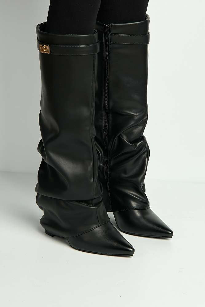 Miss Diva Black Izel Block Heel Pointy Toe Gold Trim Boots