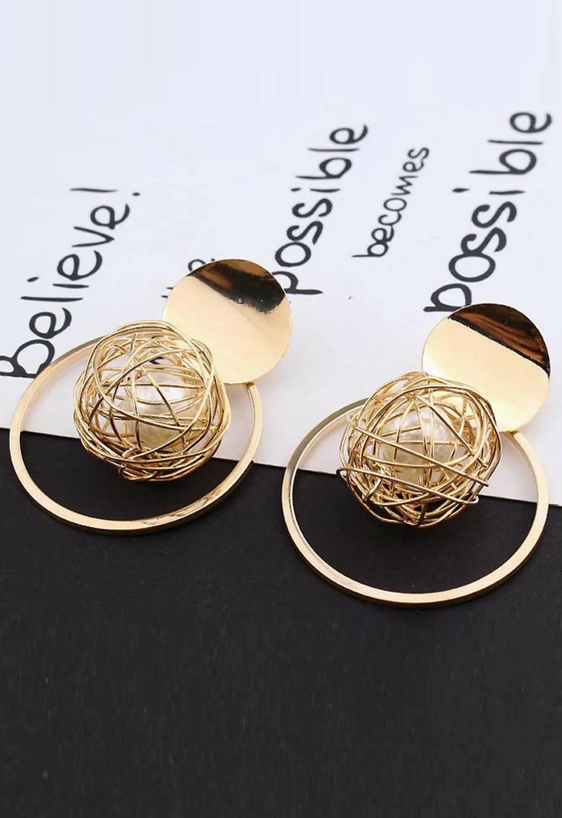 Always Chic Gold Pearl Cage Circle Earrings-66142
