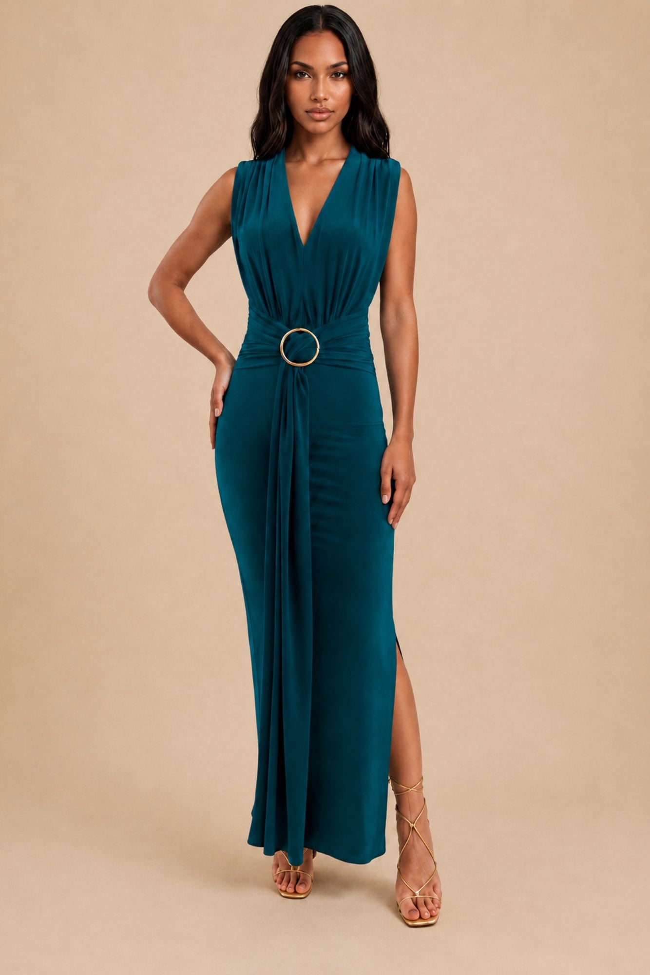 Honor Gold Green Amor Plunge Front Maxi Dress