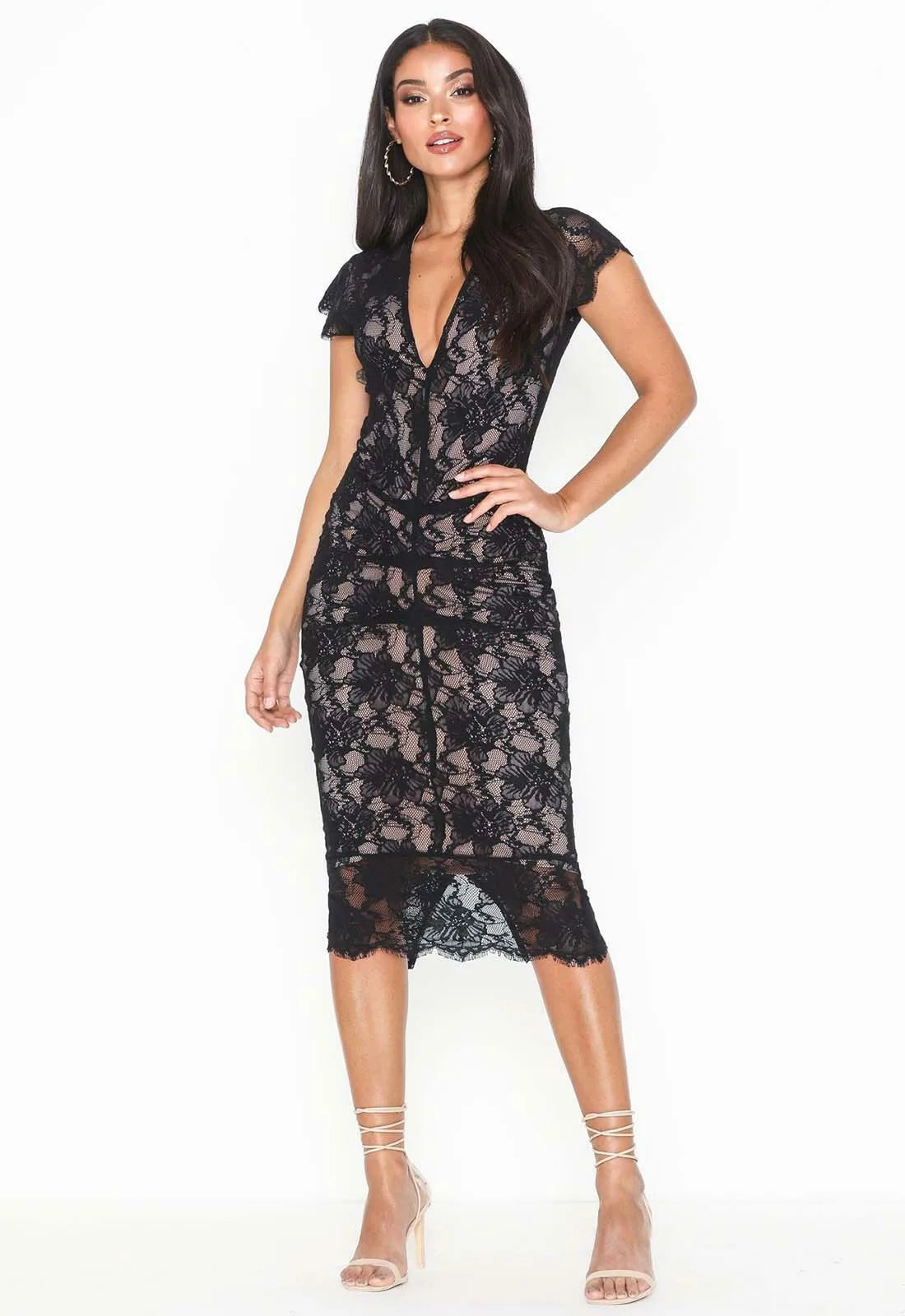 Honor Gold Black Nude Arianna Lace Midi Dress-0